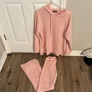 Pink Ribbed Hooded Top & Flared Trouser Matching Set